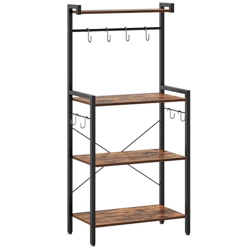 4 Tier Coffee Bar Station with Storage, Rustic Brown Corner Bakers Rack with 8 S-Shaped Hooks, High kitchen Shelves Stand Microwave Stand for Spices, Pots, Wooden Top and Black Metal Frame EBF04HB01