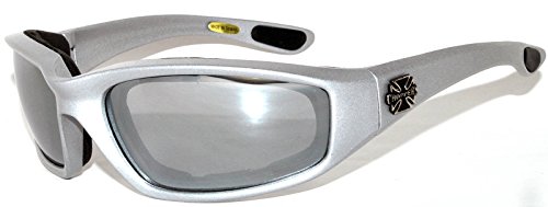Night Driving Riding Padded Motorcycle Glasses 011 Black Frame with Yellow Lenses (Silver - Smoke Lens)