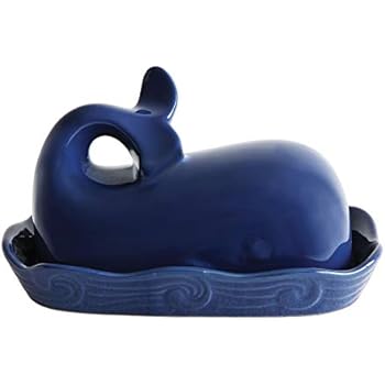 Creative Co-Op DA9482 Dark Blue Whale Shaped Butter Dish with Lid