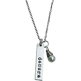 Demure Necklace, Handstamped Bar Necklace, comes on an 18 inch stainless steel link chain with a glass pearl dangle, Quote Necklace, Phrase