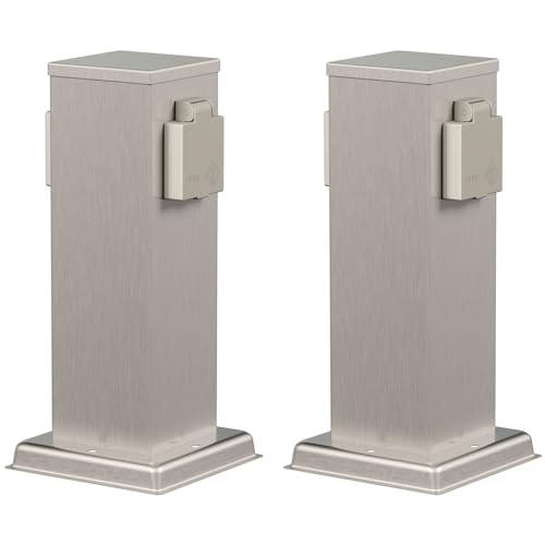 ledscom.de 2X Garten Steckdosensäule Polly für außen, IP44, 2-Fach, Edelstahl, Edelstahl, eckig, 27 cm
