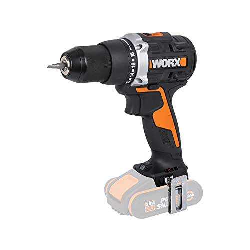 Worx PowerShare WX102.9 Borstelloze boormachine, 20 V, zonder accu en oplader, borstelloze motor, boorhouder van metaal, 2 versnellingen, metalen transmissiebehuizing