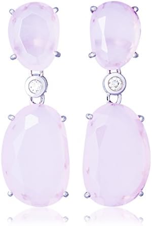 Solid Gold Drop Earrings of Light Pink Chalcedony with a Brilliant Cut White Diamond in 14K White Gold