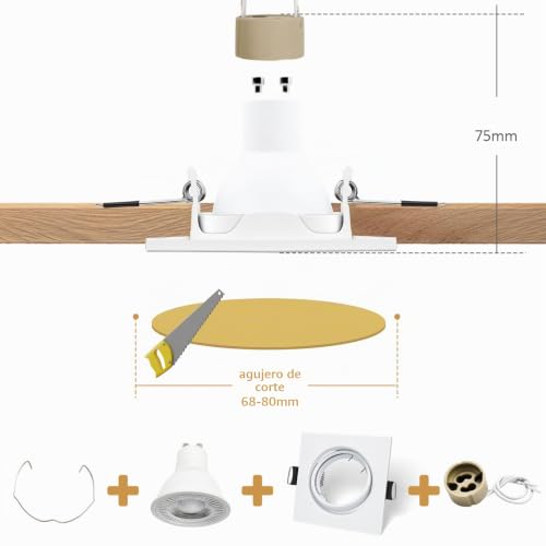 LteelDay 12 x LED Recessed Frames with GU10 Lampholders, Square White Matt in Metal, Cutout 68-80 mm, Rotatable 30°, Incl. GU10 Lamp Holder for LED or Halogen Bulbs
