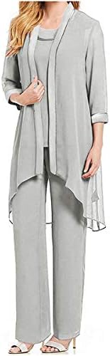 Women's 3 Pieces Satin Chiffon Mother of Bride Dress Pant Suits with Jacket Outfit for Wedding Groom