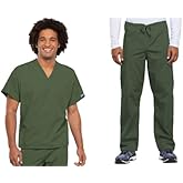 Cherokee Scrub Set for Men and Women from, Traditional Fit V-Neck Top 4777 with Natural Rise Drawstring Cargo Pant 4100