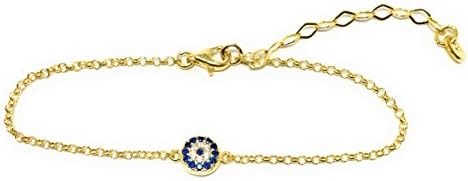 Evil Eye Chain Bracelet Sterling Silver Turkish Little Round Charm Cubic Zirconia Good Luck Amulet