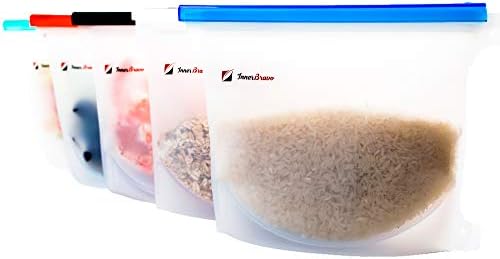Reusable Silicone Food Storage Bag Set of 5 – FDA Approved, Leakproof Airtight Resealable Food Saver Cooking Bags for Lunch, Snacks, Sandwiches,Freezer Storage and Sous Vide