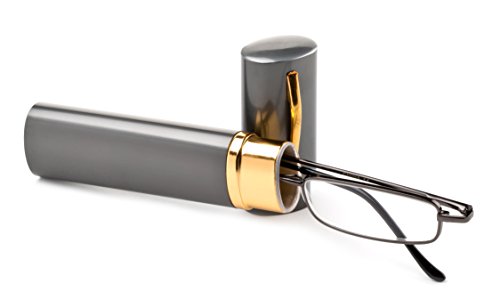 Newbee Fashion - Ultra Slim Compact Unisex Light Weight Spring Temple Reading Glasses w/ Portable Pocket Clip Aluminum Case 2 Pack