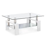 VIRREA Rectangular Glass Coffee Table Shelf Wood Living Room Furniture Chrome Base (White)