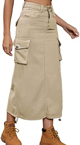 Knee Length Khaki Cargo Skirt Long IDEALSANXUN Womens Long