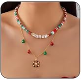 Fyvos Christmas Necklace Snowflake Xmas Tree Pendant Necklace Bell Star Necklace Colorful Beaded Layered Necklaces Holiday Party Decoration Fashion Jewelry Accessaries