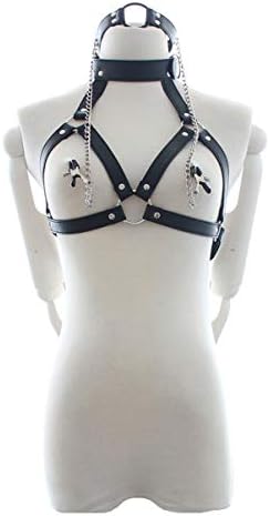Uctry Women's PU Leather Harness Collar Cupless Bra Open Mouth Gag 2Pcs Lingerie Set