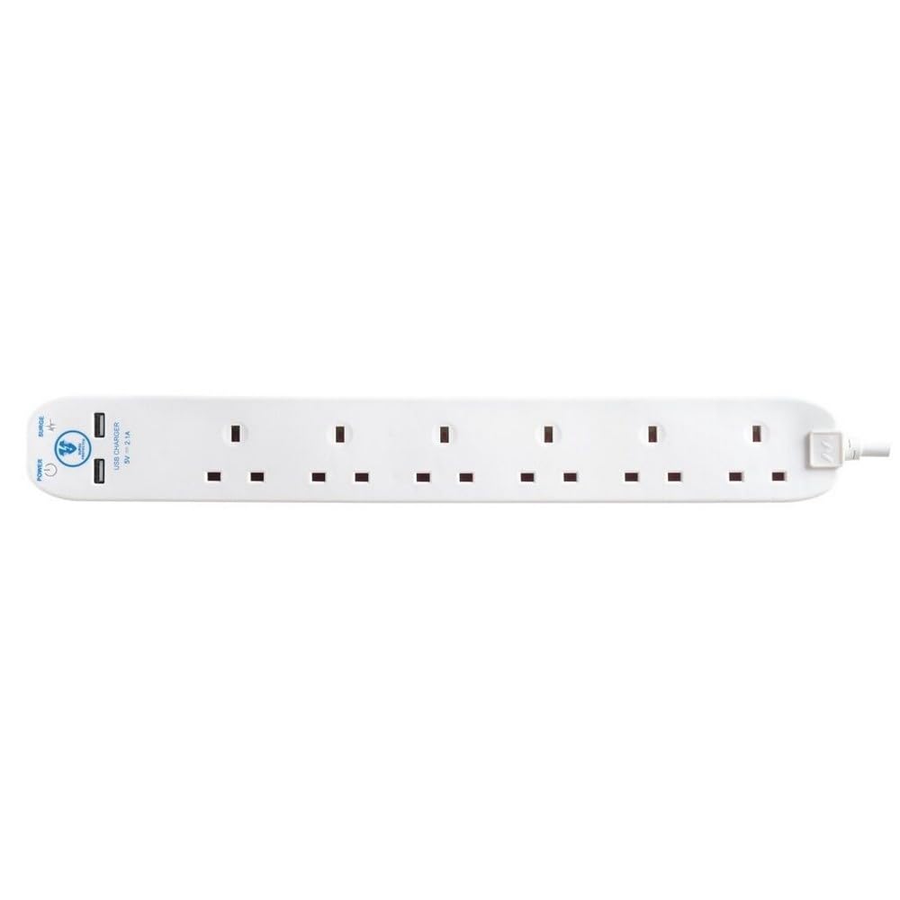 Masterplug SRGU64N-MP 2 m Surge Protector 6-Socket Extension Cable with 2 x USB Sockets
