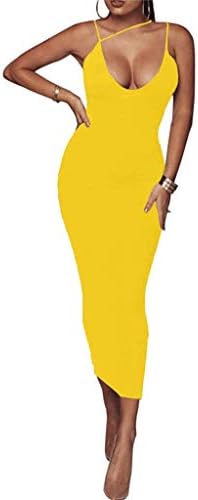 HULKY Elegant Women's Dresses, Sexy Deep V Neck Sleeveless Spaghetti Strap Bodycon Wrap Dress Front Slit Bandage Midi Club Dress
