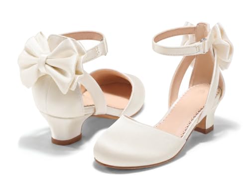 Coutgo Girls Dress Shoes Flower Girl Shoes with Cute Bow Closed Toe Chunky Heel Satin Wedding Party Pumps, Little Kid, Red, Size 2 at Amazon
