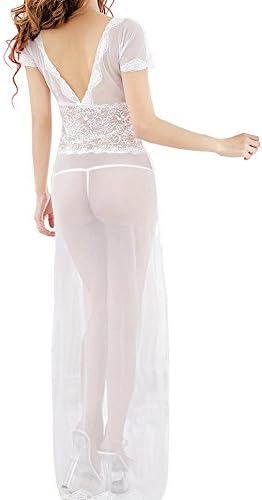 Women Hot Mesh Lace Sexy V Neck Sheer Playsuit Dress + G-string Lingerie Set