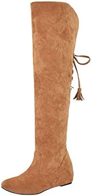 ZOMUSA Women Buckle Slim Flat Boots Stretchy Over The Knee Chunky Block Heel Boots