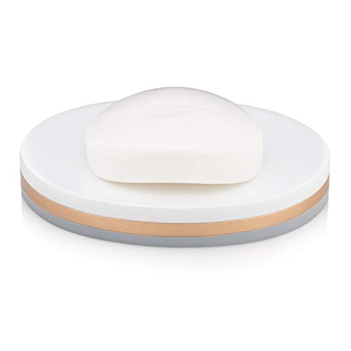 Essentra Home Day and Night Collection White and Grey with Gold Stripe Soap Dish Holder for Bathroom Sink or Shower Also Great for Kitchen
