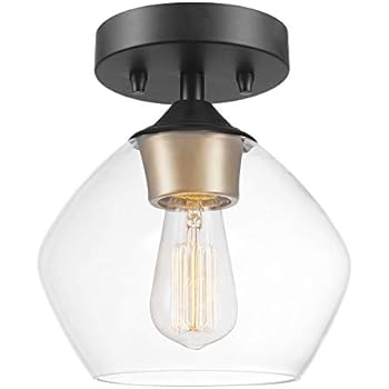 Globe Electric Harrow 1-Light Semi-Flush Mount Ceiling Light, Matte Black Finish, Gold Accent Socket, Clear Glass Shade 60333