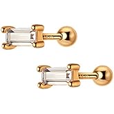 20G Cubic Zirconia Square 925 Sterling Silver Tiny Stud Earrings Cartilage Piercing Small Ball Screw Helix Back Tragus Hypoallergenic Studs Simulated Emerald Clear Crystal Rectangle Sleeper Earring Cute Jewelry Gifts for Women Teen Girls Birthday