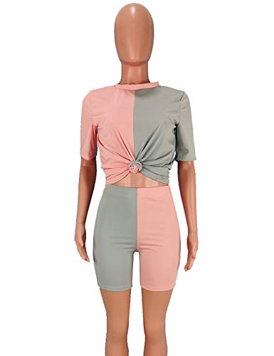 Women 2 Piece Outfits Casual Color Block Short Sleeve Tops Bodycon Shorts Summer Tracksuit Set Pink&Grey L