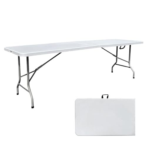Photo 1 of Go-Trio 8 Foot Folding Table 8ft Foldable Portable Plastic Picnic Tables with Handle, Fold in Half Heavy Duty Long Large Utility Table, Indoor Outdoor 8' Fold up Card Tables for Party, Dining, White
