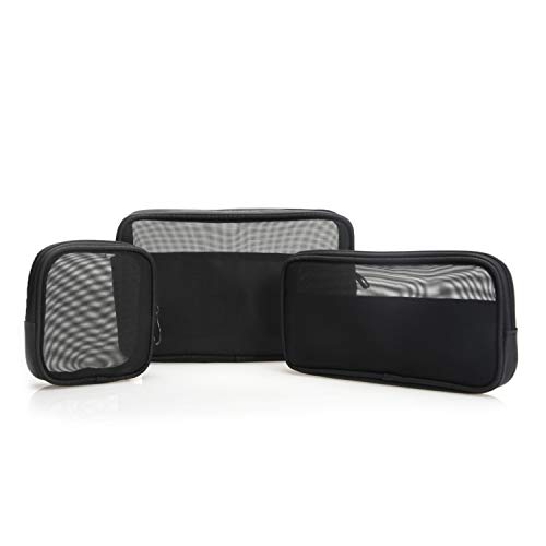 Patu Mesh Travel Toiletry Bag, Transparent Standing Pouch, Portable Shaving Washing Kits Organizer, Personal Care Trip Case, Pack of 3 Sizes (S/M/L), Black