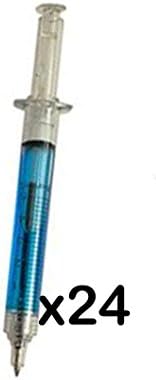 (LOT OF 24) BLUE Syringe Click Pens MULTICOLOR with Fake Medicine Liquid Included Inside. Gag Gift for Nurses, Doctors, and other Hospital Staff