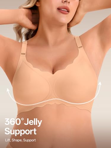 Angelhood Seamless Jelly Bras for Women Wireless Push Up T-Shirt Bra Pack | Full Coverage, V Neck, No Underwire, Everyday Comfort, Convertible Bralettes, Supportive, Back Smoothing, Scalloped Brassiere