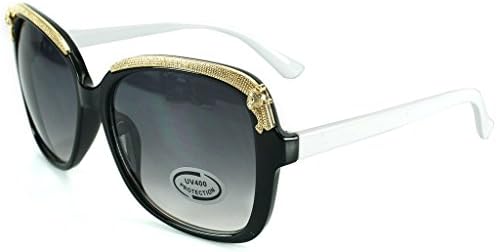 "Cheetah" Oversized Fashion Sunglasses with Gold Brow Embellishment for Women (Black and White)