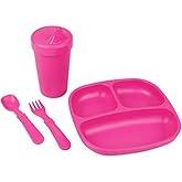 Re-Play Toddler Dinnerware Set - Spill-Proof Sippy Cup, 7" Divided Plate, Fork & Spoon - Durable Recycled Dining Set for Kids - Dishwasher & Microwave Safe - Made in USA - Pink