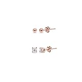 2 Pairs Rose Flash Sterling Silver 2mm Round CZ & Ball Bead Lightweight Unisex Cartilage Earrings Set