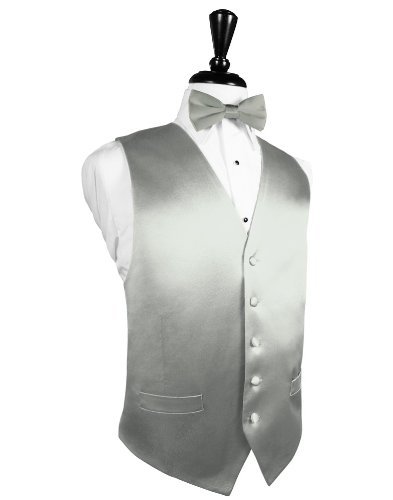 Solid Color Men's High Quality 5 Button Noble Silk Vest with Matching Bow Tie - Many Colors (2XL, Platinum)