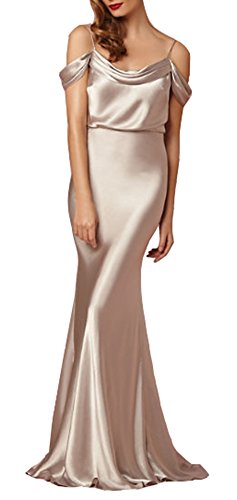 Ikerenwedding Women's Off-Shoulder Floor-length Sheath Satin Evening Dress Champagne US4