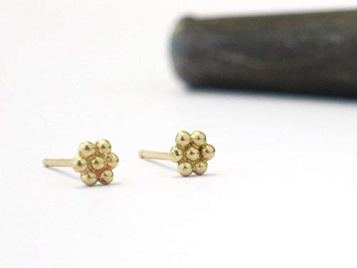14k Solid Gold Flower Stud earrings, Tiny Cute Boho Minimalist Dots Artisan Handmade Jewelry in Yellow Gold, Modern Small Indian Boho Dot Posts for Second Hole (14K Solid Gold Round Flower)