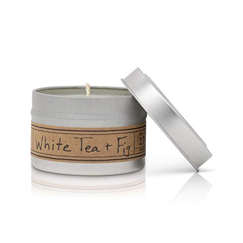 Premium Scented 100% Soy Candle - White Tea + Fig - 2.7 oz. net. wt. Mini Tin Candle - Long Lasting 23+ Hour Burn Time - Travel and Gifting - Hand Poured in The USA