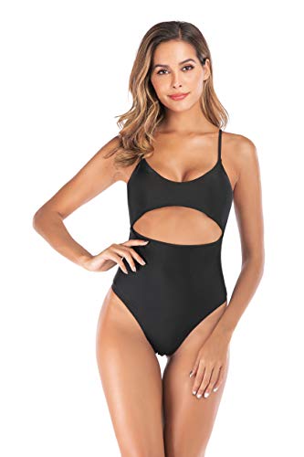 Agreya Women\'s high Slit Halter Back one-Piece Swimsuit (Black, L)