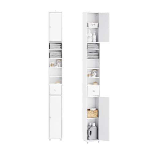 SoBuy Slim Bathroom Storage Cabinet, Narrow Storage Cabinet, Tall Slim Cabinet with Adjustable Shelves, Floor Standing Cupboard for Small Spaces, Bathroom or Laundry Room Organizer, White BZR34-W