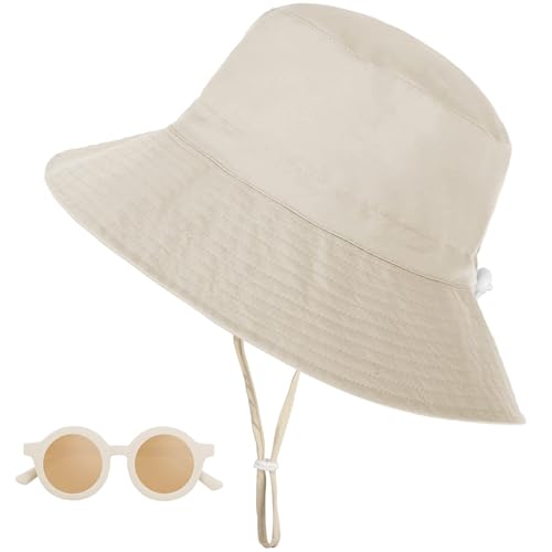 Shedoo Children's Sun Hat UV Protection UPF 50+, Wide Brim Neck Protection Fishing Hat Baby with Sunglasses, Breathable Bucket Hat with Adjustable Chin Strap, Beach Hat for Boys, Girls
