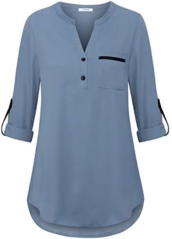 Youtalia Womens Henley V Neck Chiffon Blouses 3/4 Cuffed Sleeve Casual Shirt Tops