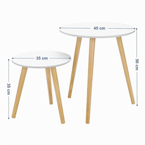 SONGMICS Round Coffee Table, Modern Minimalist Table, Set of 2 Coffee Tables with Pine Wood Legs, Scandinavian Style, for Living Room, Balcony, White and Natural LET07WN