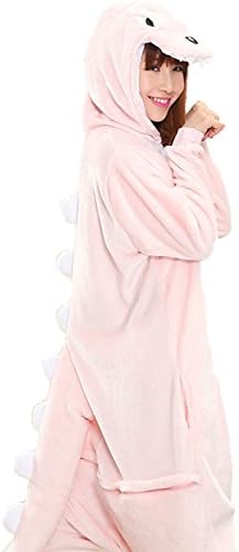 Akanbou Cute Animal Pajamas Onesies Flannel Plush Anime Pajama Cartoon Cosplay Costumes Unisex Adult Warm Sleepwear Halloween Hooded Homewear (XL, Pink Dinosaur)