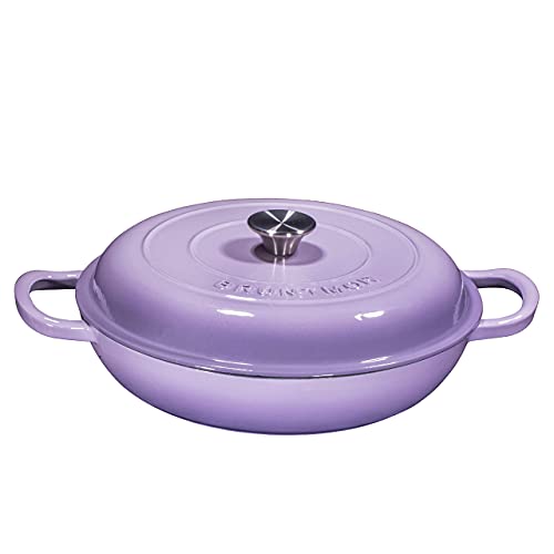 Bruntmor 3.8 Quart Enamel Cast Iron Dutch Oven With Handles And Lid, 3.8 Qt Lavendar Cast Iron Skillet, Enamel Shallow Cookware Braising Pan For Casserole Dish, Crock Pot Covered With Cast Iron- Blue