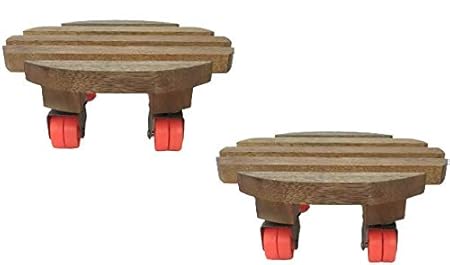 Truphe Wooden Plant Stand | Beige Planter Trolley Round Tray Coaster | 4 Moving Wheels Plant Trolley - Set of 2