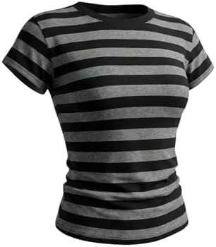 Long Sleeve T Shirt Women Wide Striped Tee Crew Neck Black White
