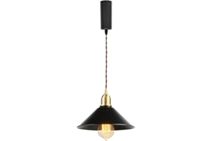 Yequandec 3.2ft Adjustable Cord H-Type Track Pendant E26 Brass Base Black Metal Shade Vintage Style Hanging Light Modern Deco