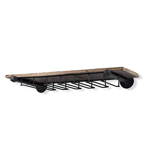 Rustic Wall Floating Shelf Stemware Holder Wine Rack Reclaimed Wood with Pipe Industrial Pipe Brackets Walnut