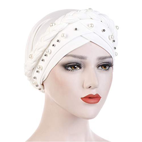 Fxhixiy Women Hijab Beading Pearl Braid Turban Hat Head Scarf Cancer Chemo Beanies Bandana Headwrap Cap (White) - Thumbnail 3