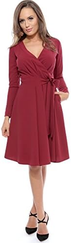 Burgundy Surplice Neck Elegant Bow-tied Wrap Dress (38, burgundy)